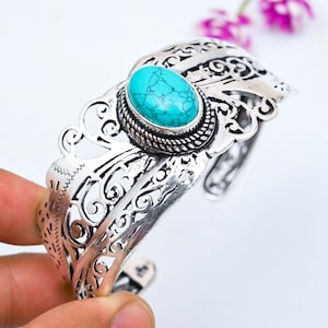 Turquoise Bangle 925 Sterling Silver Bangle Turquoise Bracelet Adjustable Handmade Bangle Turquoise Gemstone Bracelet Best Friend Gifts