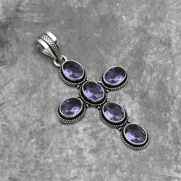 Amethyst Pendant 925 Sterling Silver Pendant Amethyst Gemstone Pendant Cross Pendant Handmade Pendant Jewelry Amethyst Jewelry Gift for Her