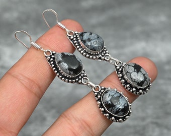 Snowflake Obsidian Earrings 925 Sterling Silver Earrings Snowflake Obsidian Gemstone Earrings Obsidian Jewelry Christmas Gift For Her Mother