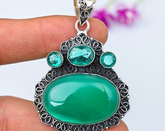 Collier Pendentif En Argent 925 Avec Calcédoine Verte, émeraude Et Apatite - NEUF