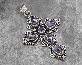 Amethyst Pendant 925 Sterling Silver Pendant Amethyst Gemstone Pendant Cross Pendant Handmade Pendant Jewelry Amethyst Jewelry Gift for Her