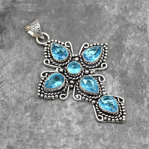 Blue Topaz Pendant 925 Sterling Silver Pendant Blue Topaz Gemstone Cross Pendant Handmade Jewelry Blue Topaz Jewelry Christmas Gift for Her