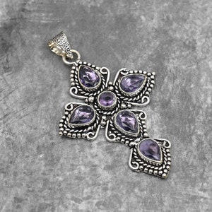 Amethyst Pendant 925 Sterling Silver Pendant Amethyst Gemstone Pendant Cross Pendant Handmade Pendant Jewelry Amethyst Jewelry Gift for Her