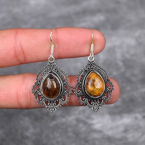 Tiger Eye Earrings 925 Sterling Silver Earrings Tiger Eye Gemstone Earrings Jewelry Handmade Earrings Tiger Eye Jewelry Gift For Her Mother