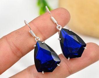 Boucles D'oreilles Clous En Argent Sterling Avec Saphir Bleu Foncé Naturel - SE36 - Neuf Sans Emballage