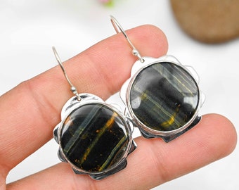 Blue Tiger Eye Earrings 925 Sterling Silver Earrings Tiger Eye Gemstone Earrings Handmade Earrings Tiger Eye Jewelry Christmas Gifts For Her