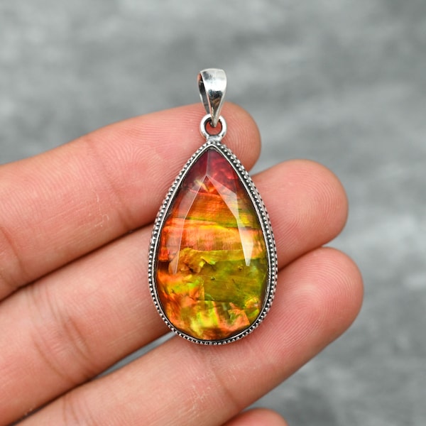 Ammolite Pendant 925 Sterling Silver Pendant Ammolite Gemstone Pendant Necklace Handmade Silver Jewelry Ammolite Jewelry Gift For Her Mother