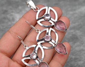 Pink Kunzite Pendant and Earrings Set 925 Sterling Silver Pendant Kunzite Gemstone Pendant Handmade Jewelry Kunzite Earrings Gift For Her