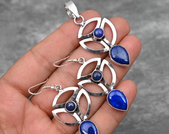 Lapis Lazuli Pendant and Earrings Set 925 Sterling Silver Pendant Lapis Gemstone Pendant Handmade Jewelry Lapis Lazuli Earrings Gift For Her