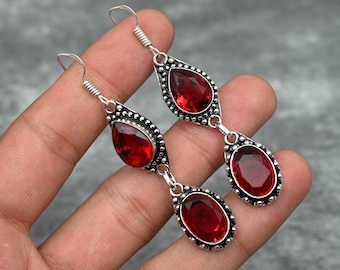 Vatslacreations Orecchini Pendenti In Argento Sterling 925 Con Granato Naturale Rosso - Fatti A Mano - 25mm