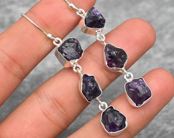 Raw Amethyst Earrings, 925 Sterling Silver Dangle Earrings, Rough Gemstone Drop Jewelry, Boho Crystal Birthday Gift for Her