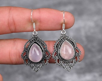 Rose Quartz Earrings 925 Sterling Silver Earrings Rose Quartz Gemstone Earrings Jewelry Handmade Rose Quartz Jewelry Gift For Her Mother