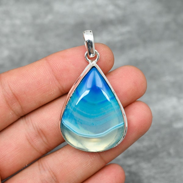 Blue Banded Agate Pendant 925 Sterling Silver Pendant Banded Agate Gemstone Pendant Necklace Handmade Jewelry Agate Jewelry Gift For Her