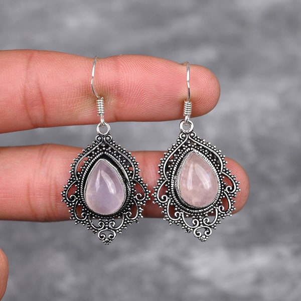 Rose Quartz Earrings 925 Sterling Silver Earrings Rose Quartz Gemstone Earrings Jewelry Handmade Rose Quartz Jewelry Gift For Her Mother