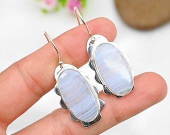 Pendientes de ágata azul con encaje, pendientes de plata de ley 925, pendientes de ágata con encaje, pendientes hechos a mano, joyería de ágata, regalo de Navidad para ella.