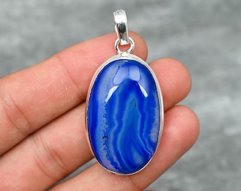 Blue Banded Agate Pendant 925 Sterling Silver Pendant Banded Agate Gemstone Pendant Necklace Handmade Jewelry Agate Jewelry Gift For Her
