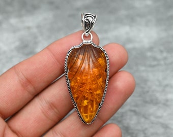 Carved Baltic Amber Pendant 925 Sterling Silver Pendant Beautiful Baltic Amber Gemstone Pendant Handmade Baltic Amber Jewelry Gift For Her