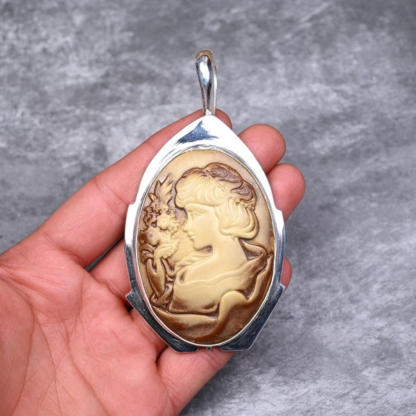 Cameo Lady Carved Face Pendant 925 Sterling Silver Pendant Necklace Cameo Lady Pendant Handmade Cameo Lady Necklace Jewelry Gift For Her