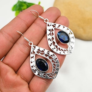 Blue Sapphire Earrings 925 Sterling Silver Earrings Blue Sapphire Gemstone Earrings Jewelry Handmade Earrings Sapphire Jewelry Gift For Her