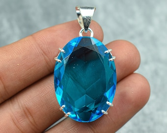 Swiss Blue Topaz Pendant 925 Sterling Silver Pendant Blue Topaz Gemstone Pendant Necklace Handmade Pendant Blue Topaz Jewelry Gift For Her