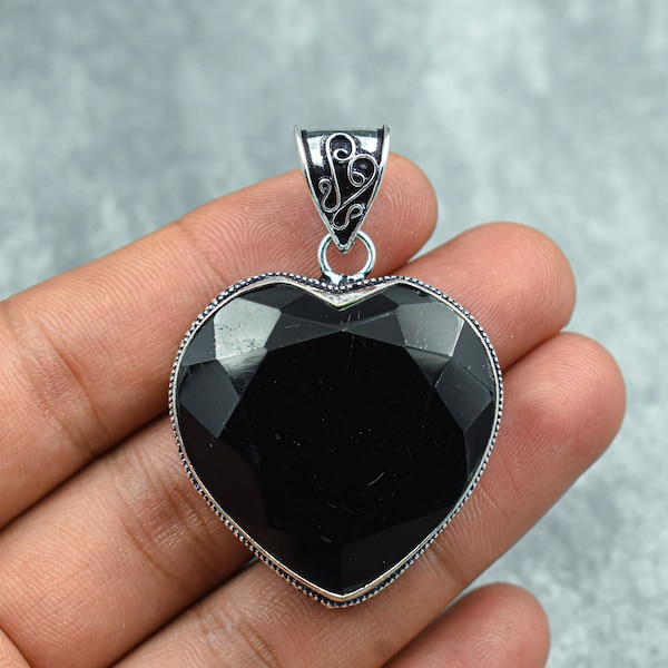 Black Onyx Pendant 925 Sterling Silver Pendant Black Onyx Gemstone Pendant Jewelry Heart Shape Pendant Black Onyx Jewelry Gift For Her