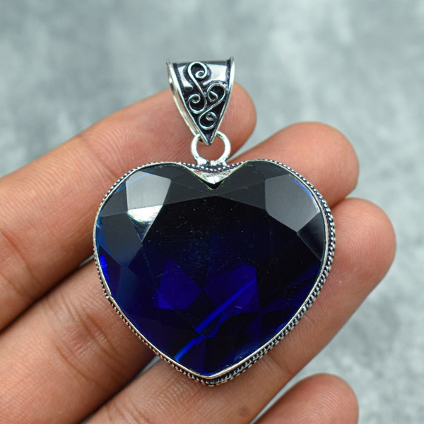 Blue Sapphire Pendant 925 Sterling Silver Pendant Blue Sapphire Gemstone Pendant Heart Shape Pendant Handmade Sapphire Jewelry Gift For Her