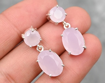 Pendientes de cuarzo rosa 925 pendientes de plata de ley pendientes de piedras preciosas de cuarzo rosa joyería hecha a mano joyería de cuarzo rosa regalo de Navidad para ella