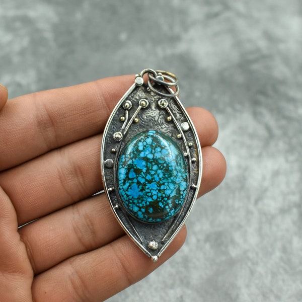 Tibetan Turquoise Pendant 925 Sterling Silver Pendant Tibetan Turquoise Gemstone Pendant Handmade Silver Turquoise Jewelry Gift For Her