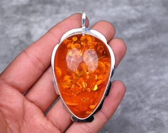 Baltic Amber Big Size Pendant 925 Sterling Silver Pendant Baltic Amber Gemstone Pendant Handmade Silver Baltic Amber Jewelry Gift For Her