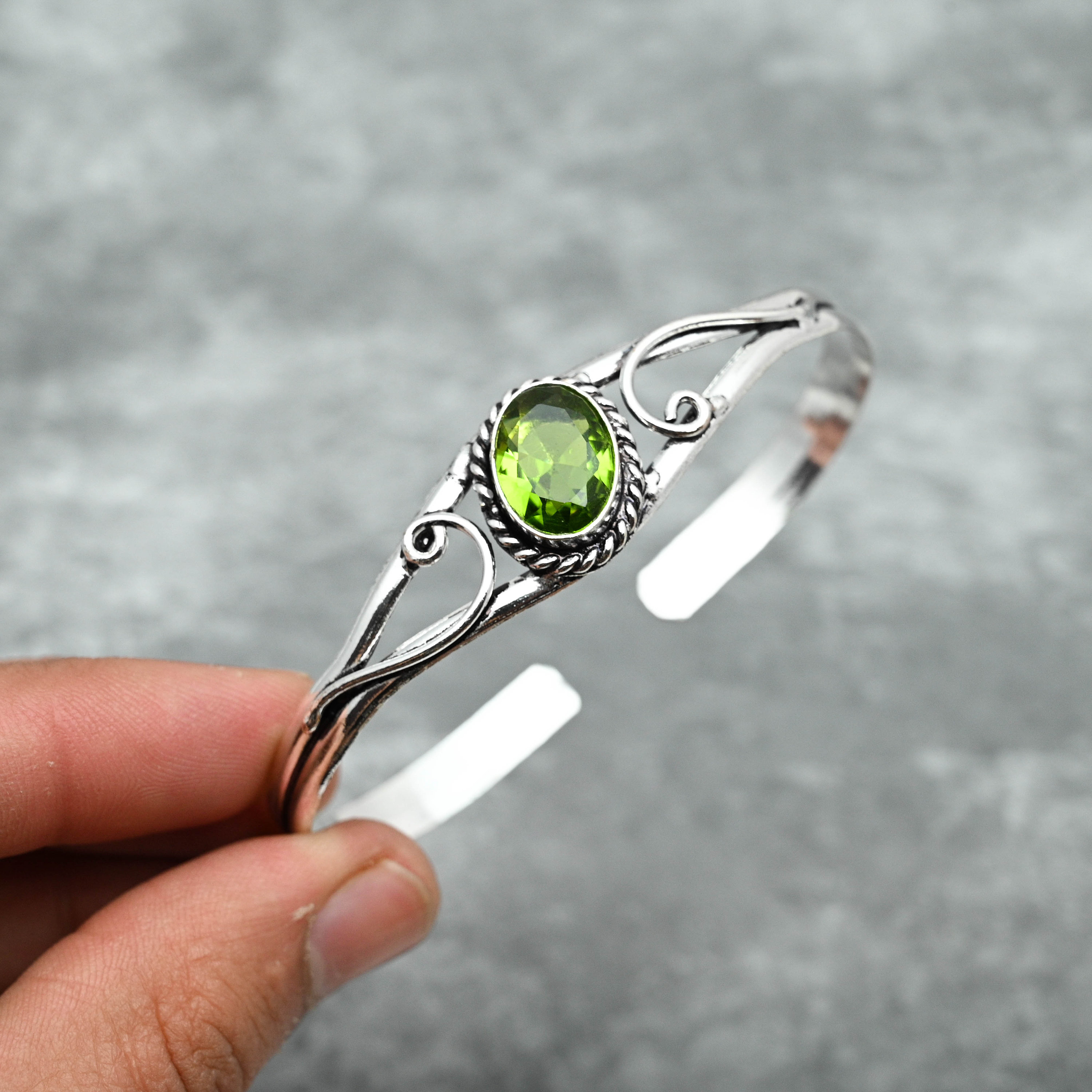 Peridot Bracelet 925 Sterling Silver Bangle Peridot Bangle Adjustable Handmade Bracelet Peridot Gemstone Cuff Bracelet Gift for Her Mother