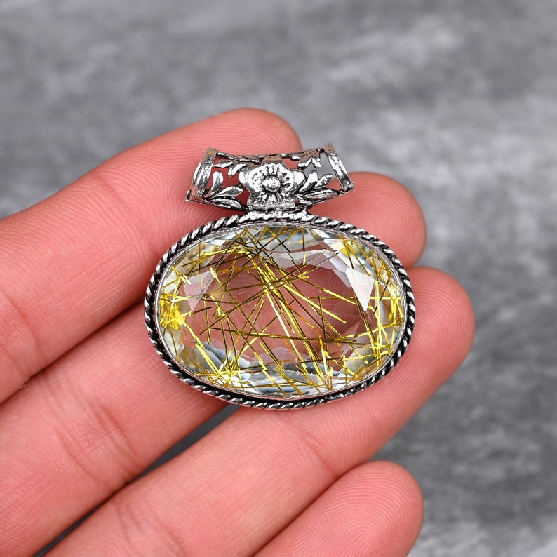Golden Rutile Pendant 925 Sterling Silver Pendant Golden Rutile Gemstone Pendant Handmade Silver Golden Rutile Jewelry Gift For Her Mother image 1