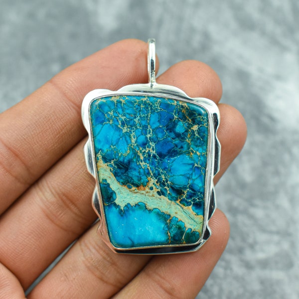 Colgante de jaspe de sedimento marino azul, colgante de plata de ley 925, colgante de piedra preciosa de sedimento marino, joyería de sedimento marino de plata hecha a mano, regalo para ella