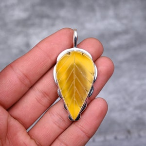 Carved Leaf Yellow Onyx Pendant 925 Sterling Silver Pendant Yellow Onyx Gemstone Pendant for Necklace Handmade Jewelry Yellow Onyx Jewelry