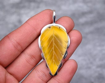 Carved Leaf Yellow Onyx Pendant 925 Sterling Silver Pendant Yellow Onyx Gemstone Pendant for Necklace Handmade Jewelry Yellow Onyx Jewelry