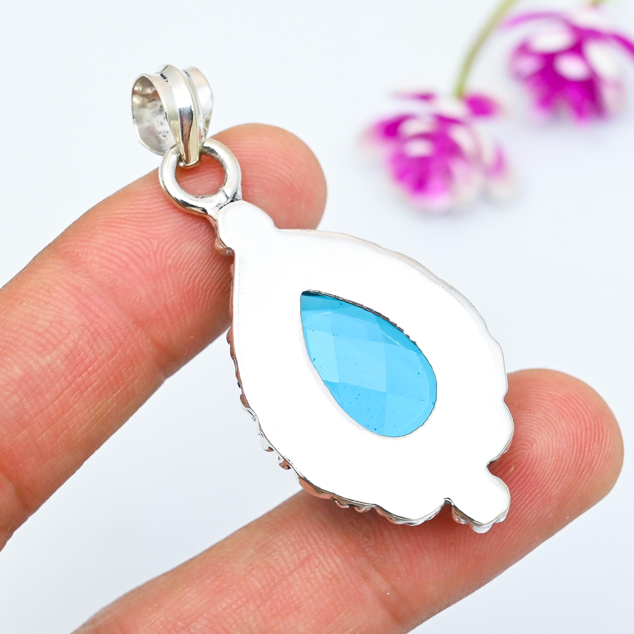 Pendentif En Argent Sterling 925 Avec Topaze Bleue De Londres - Bijou Fait Main