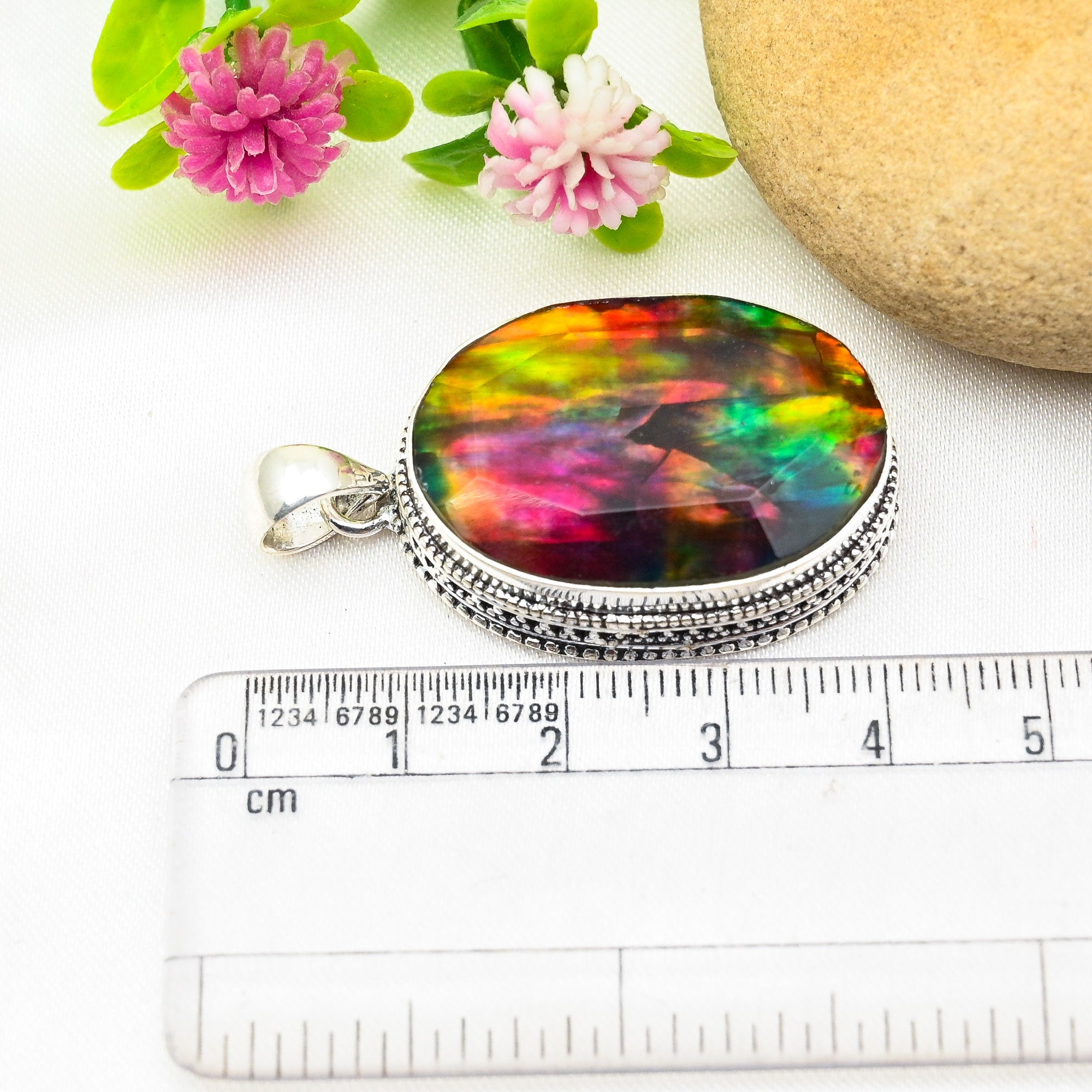 Ciondolo Vintage In Argento 925 Con Ammolite Fossile &ndash; Fatto A Mano, Pietra Multicolore, Gioiello Unico