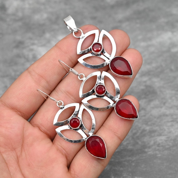 Garnet Pendant and Earrings Set 925 Sterling Silver Pendant Garnet Gemstone Pendant Handmade Jewelry Garnet Earrings Christmas Gift for Her