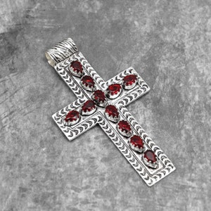 Garnet Pendant 925 Sterling Silver Pendant Garnet Gemstone Pendant Cross Pendant Handmade Pendant Jewelry Garnet Jewelry Gift for Her Mother