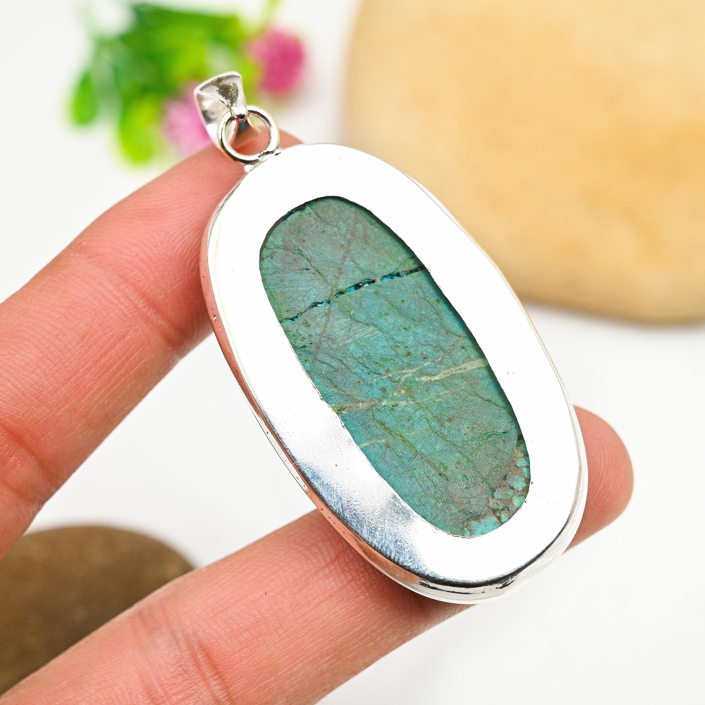 Pendentif En Argent 925 Et Jaspe Turquoise - Fait Main - Longueur 2,5 Pouces - Neuf Sans Emballage - Pièce Unique