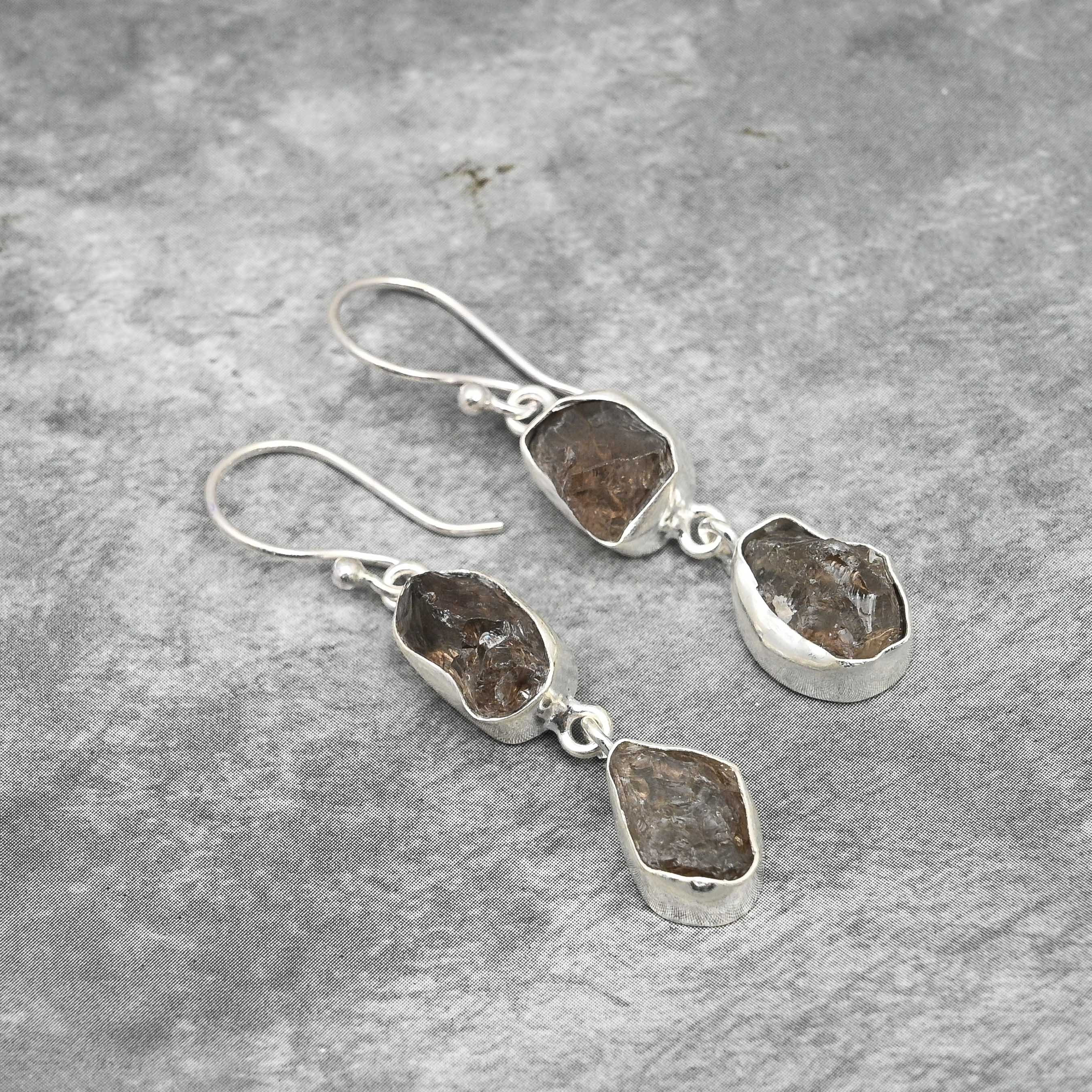 Boucles D'oreilles Pendantes Fait Main En Argent Sterling 925 Et Topaze Fumée Naturelle, Forme Larme
