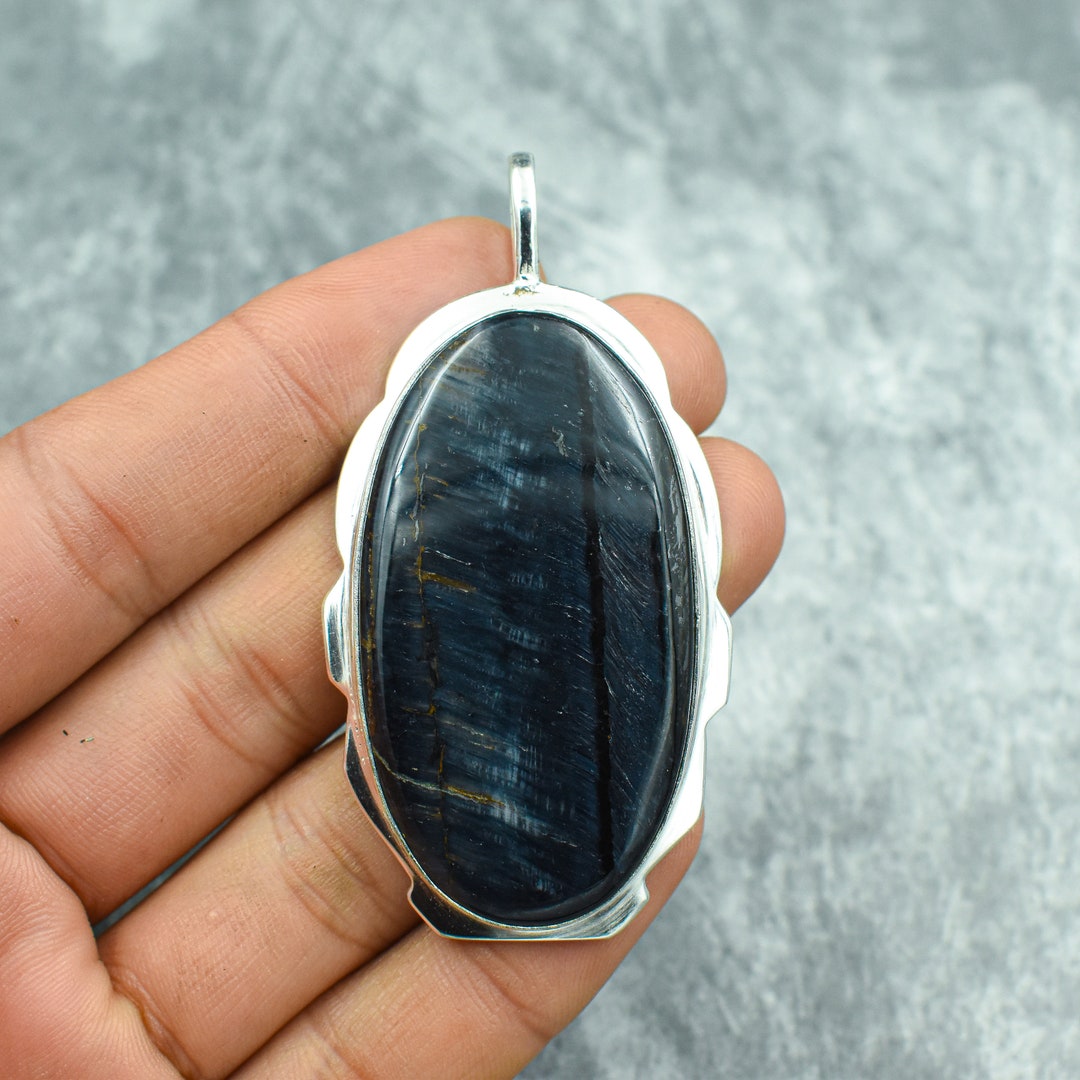 Blue Tiger Eye Pendant 925 Sterling Silver Pendant Blue Tiger