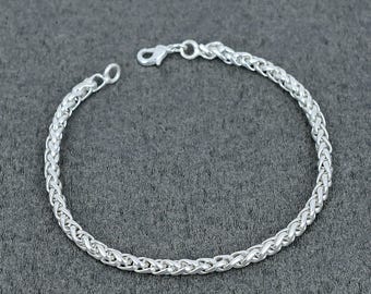 925 Sterling Silver Wheat Chain Bracelet, Franco Link Anklet 6 to 12 Inch, Unisex Jewelry Gift for Men Women, 3.5mm Thick Square Foxtail