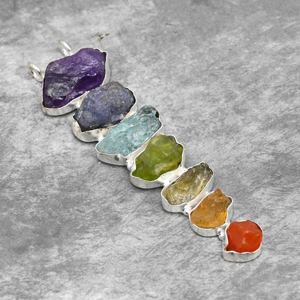 7 chakras piedra curativa colgante hecho a mano collar joyería con piedras preciosas crudas reales colgante de plata de ley 925 regalos de Navidad