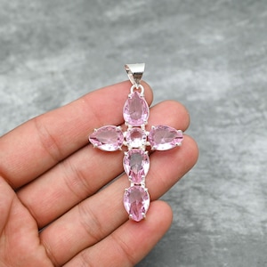 Pink Kunzite Pendant 925 Sterling Silver Pendant Pink Kunzite Gemstone Pendant Cross Pendant Handmade Jewelry Kunzite Jewelry Gift for Her