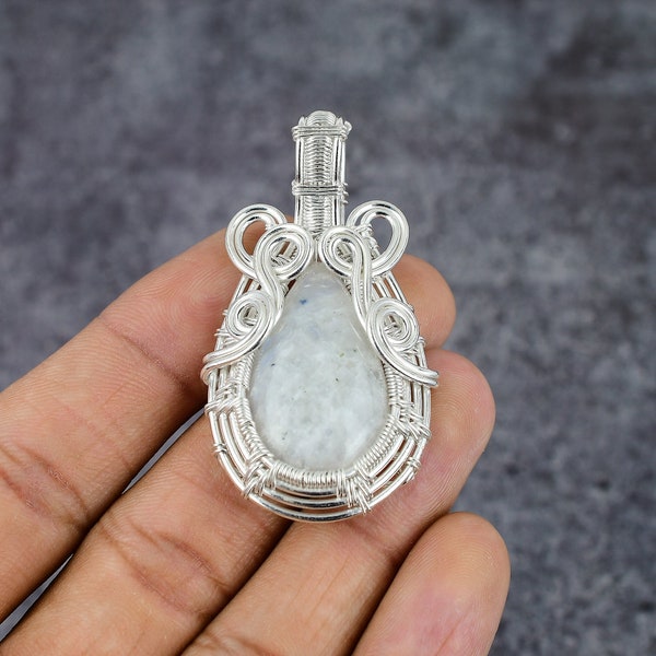 Rainbow Moonstone Pendant Silver Pendant Wire Wrapped Pendant Moonstone Gemstone Pendant Handmade Silver Moonstone Jewelry Gift For Her