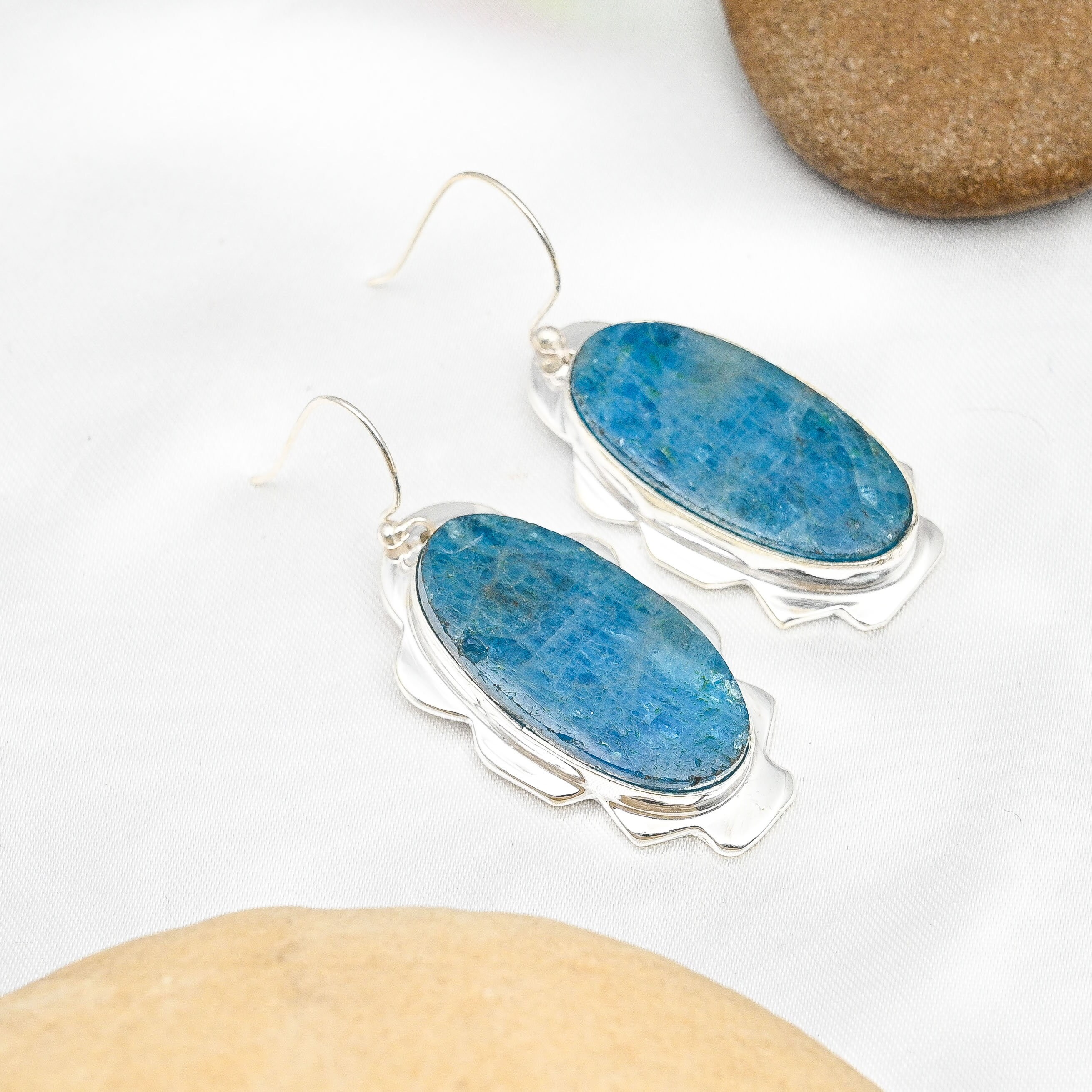 Orecchini Pendenti In Argento 925 Con Apatite Neon – Perline Sfaccettate Fatte A Mano – Gioielli Con Pietra Naturale Blu – Lunghezza 6 Cm - 2