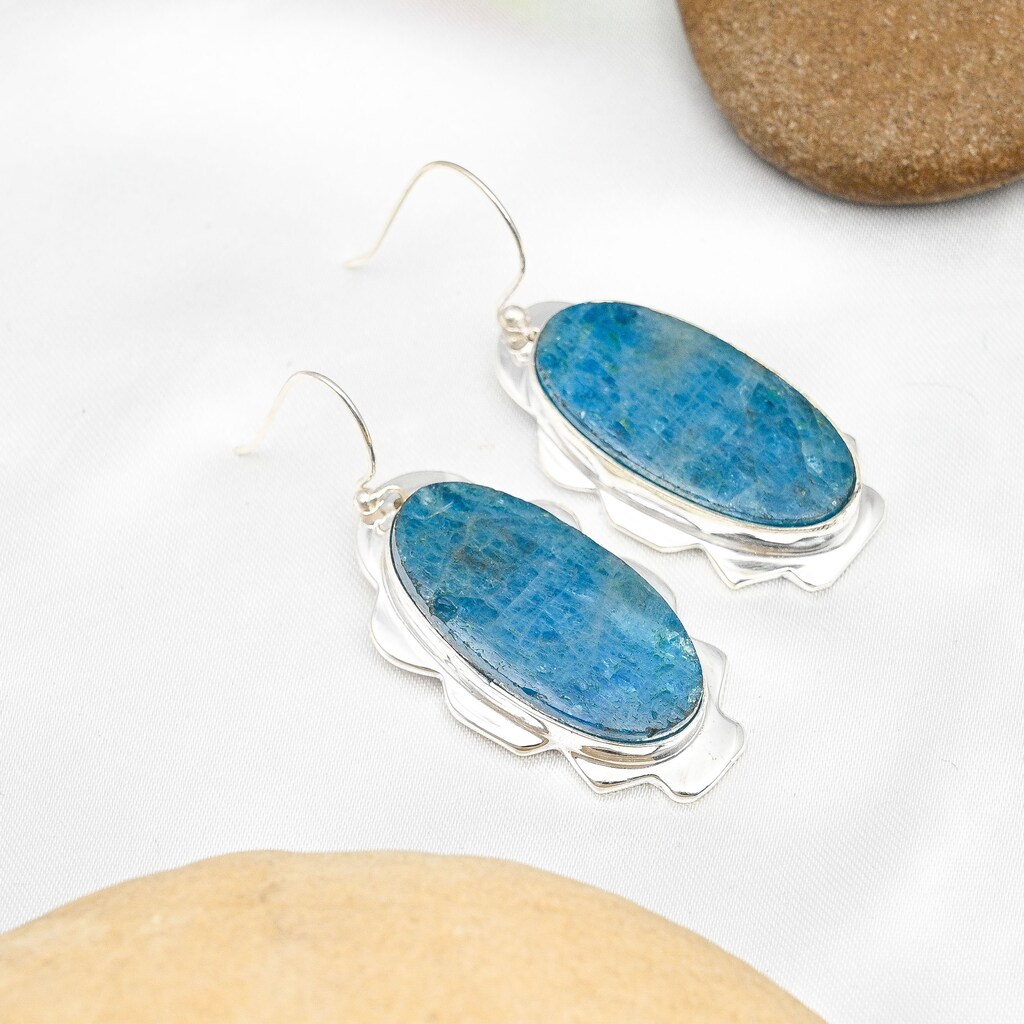 Orecchini Pendenti In Argento 925 Con Apatite Neon Blu, Pietre Naturali Sfaccettate, Lunghezza 6 Cm, Fatti A Mano In India