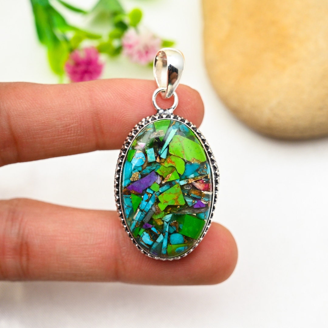 Gem Treasures 20x15mm Kingman Turquoise & Multi Gem Pendant w/ Chain main image 1