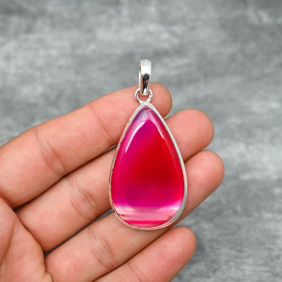 Pink Botswana Agate Pendant in 925 Sterling Silver, Teardrop Banded Agate Necklace, Handmade Gemstone Statement Jewelry, Gift for Her