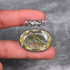 Golden Rutile Pendant 925 Sterling Silver Pendant Golden Rutile Gemstone Pendant Handmade Silver Golden Rutile Jewelry Gift For Her Mother image 2